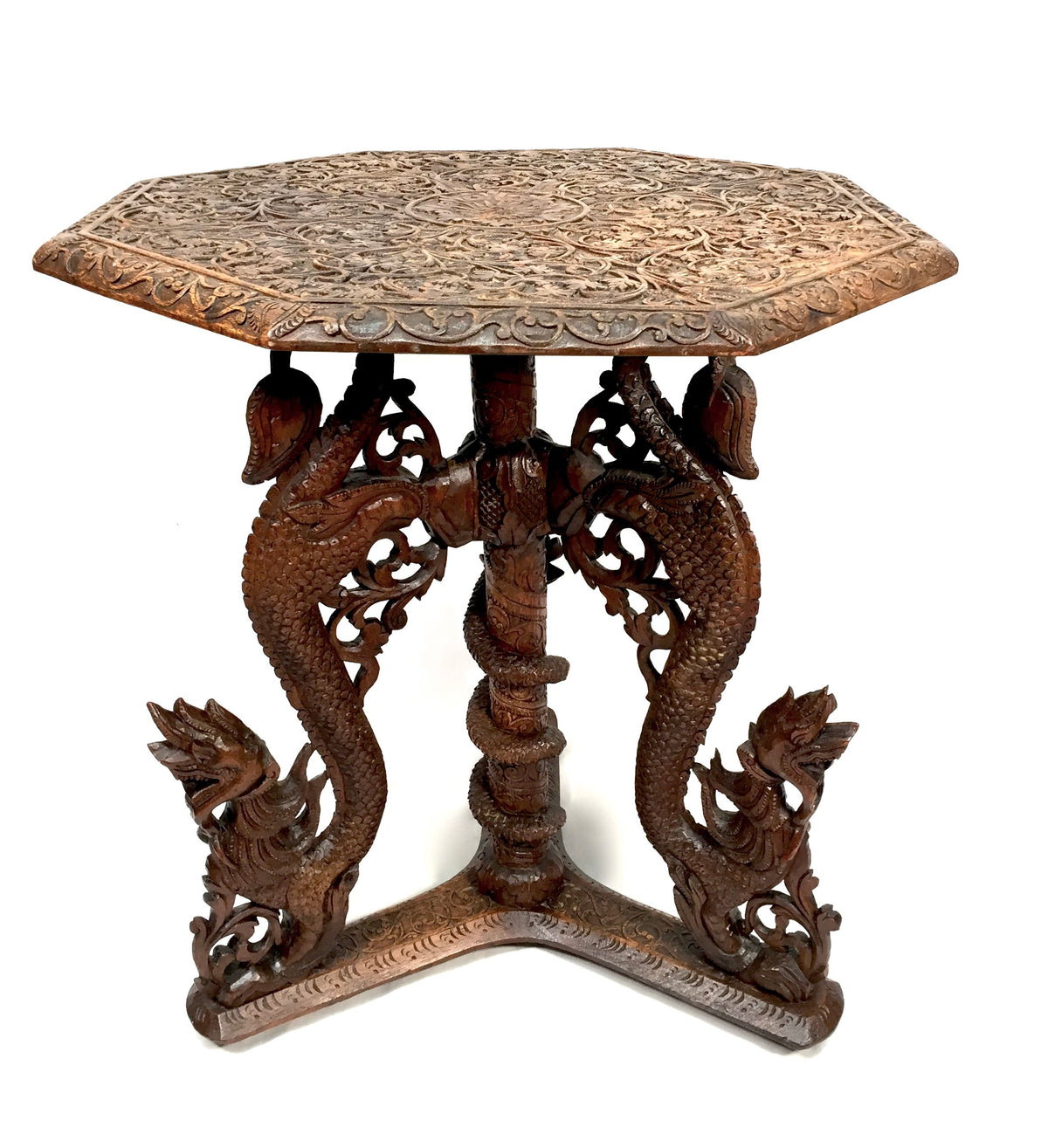 Antique 19th Century Burmese Carved Wooden Dragon & Serpent Octagonal Side Table