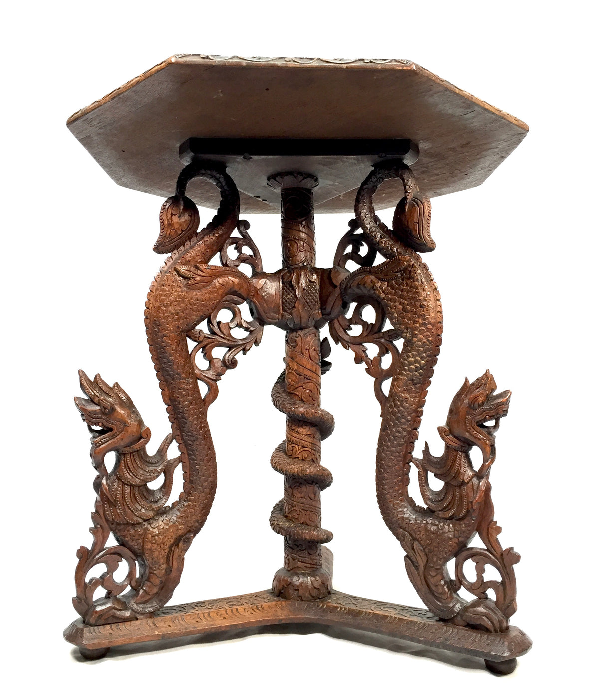 Antique 19th Century Burmese Carved Wooden Dragon & Serpent Octagonal Side Table