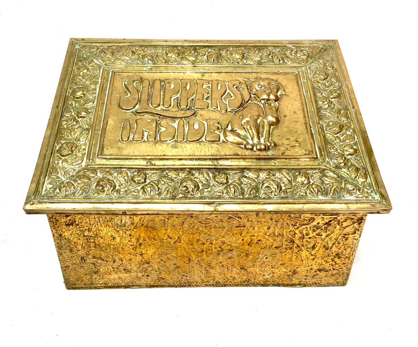 Antique Brass Bonzo Dog Slipper Box Fireside Storage Container Original c.1920