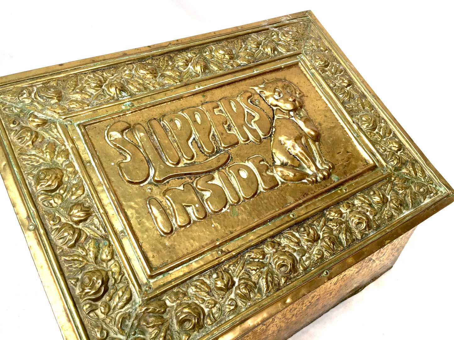 Antique Brass Bonzo Dog Slipper Box Fireside Storage Container Original c.1920