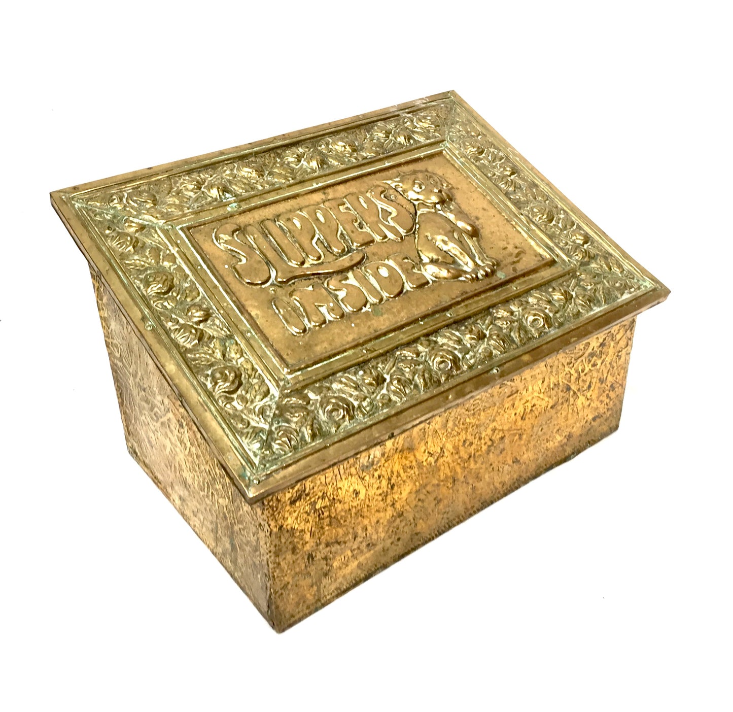 Antique Brass Bonzo Dog Slipper Box Fireside Storage Container Original c.1920