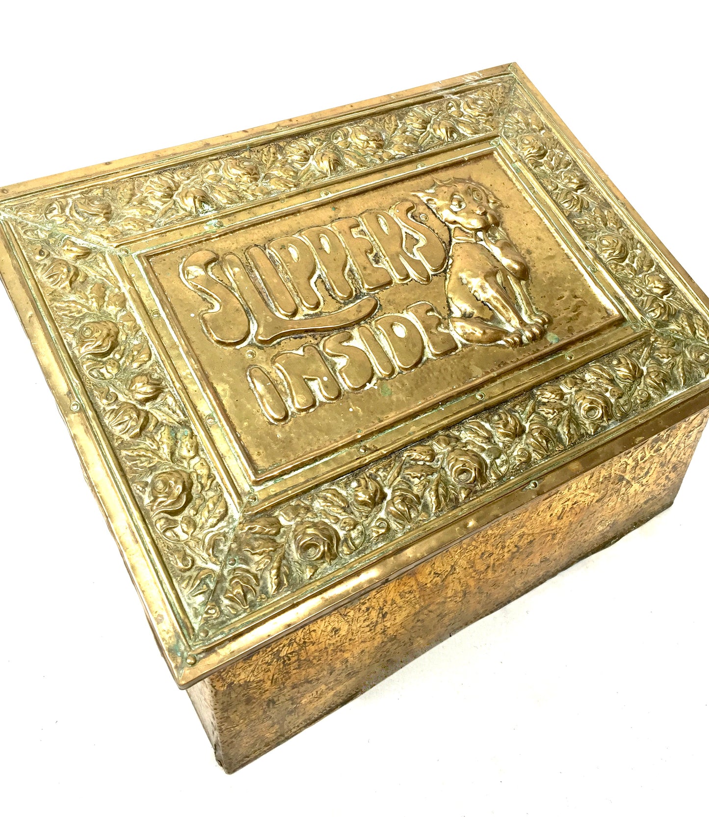 Antique Brass Bonzo Dog Slipper Box Fireside Storage Container Original c.1920