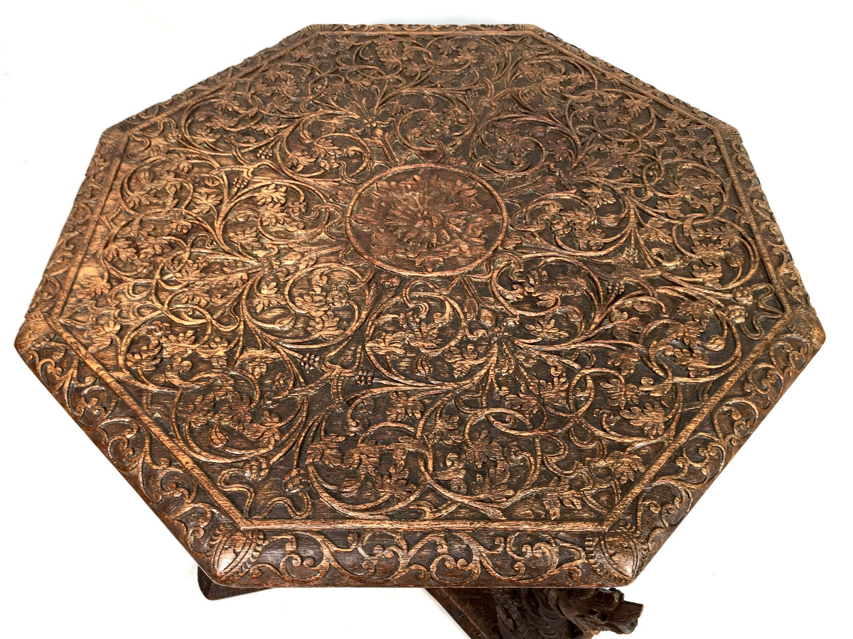 Antique 19th Century Burmese Carved Wooden Dragon & Serpent Octagonal Side Table