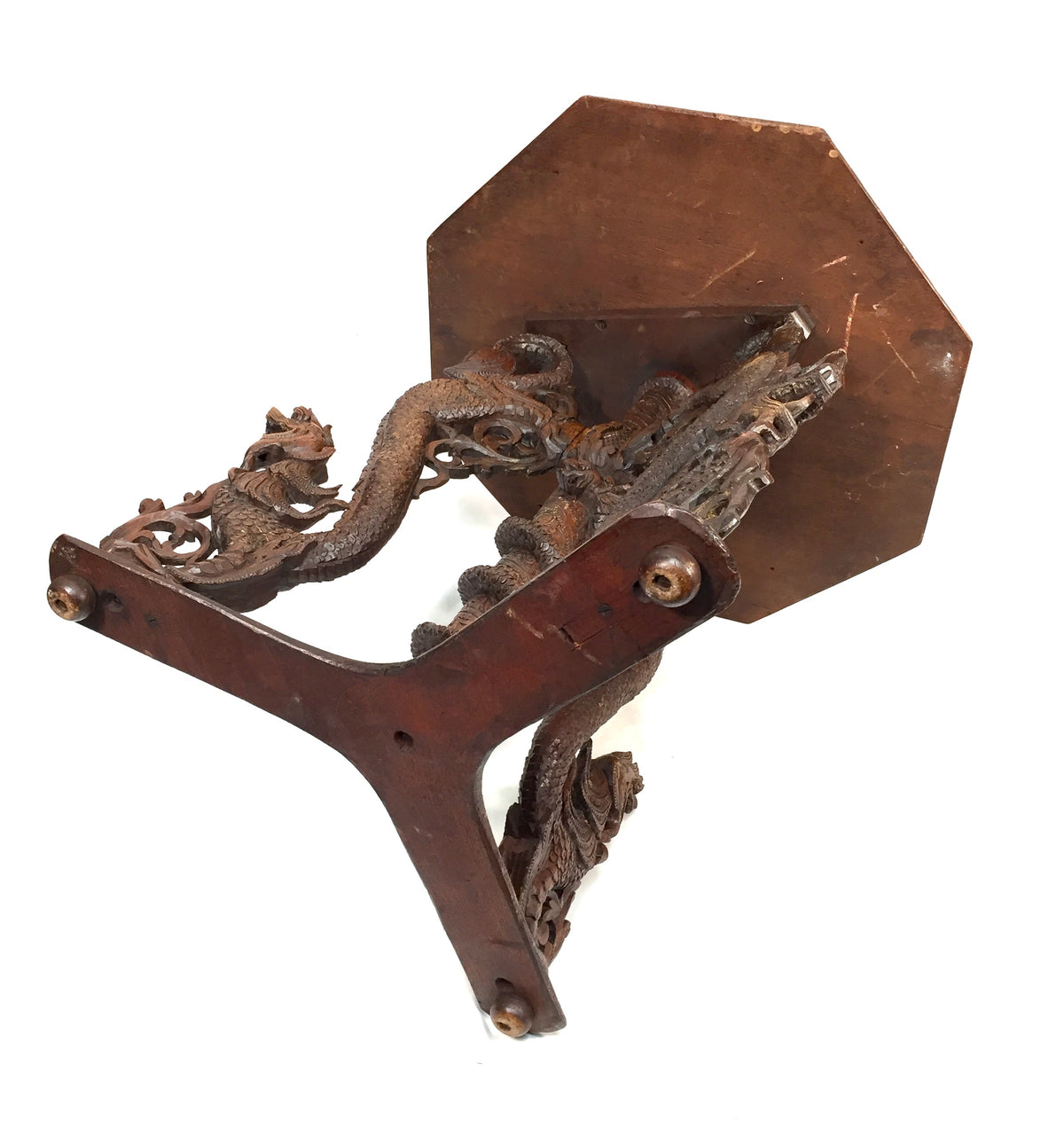 Antique 19th Century Burmese Carved Wooden Dragon & Serpent Octagonal Side Table