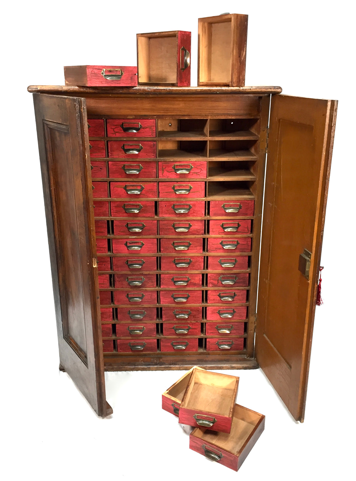 Antique Large Floor Standing Filing Cabinet Cupboard With Drawers Storage & Key