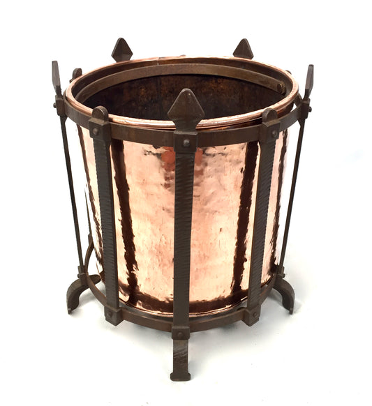 Arts and Crafts Copper Coal Bucket | Circular Form with Wrought Iron Stand & Lid