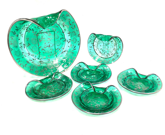 Vintage Green Art Glass With Floral Silver Overlay Serving Dish Plate Set Retro