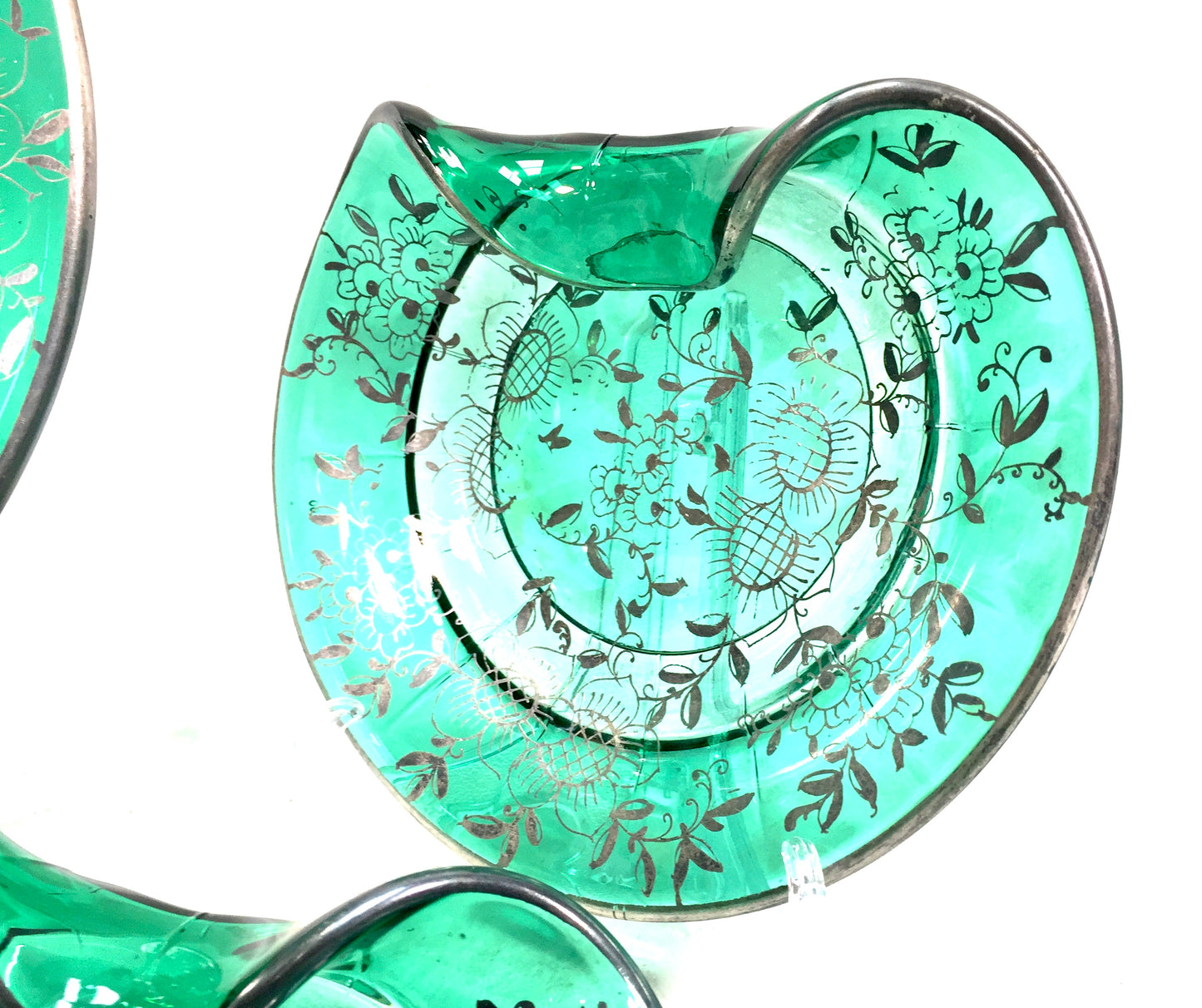 Vintage Green Art Glass With Floral Silver Overlay Serving Dish Plate Set Retro