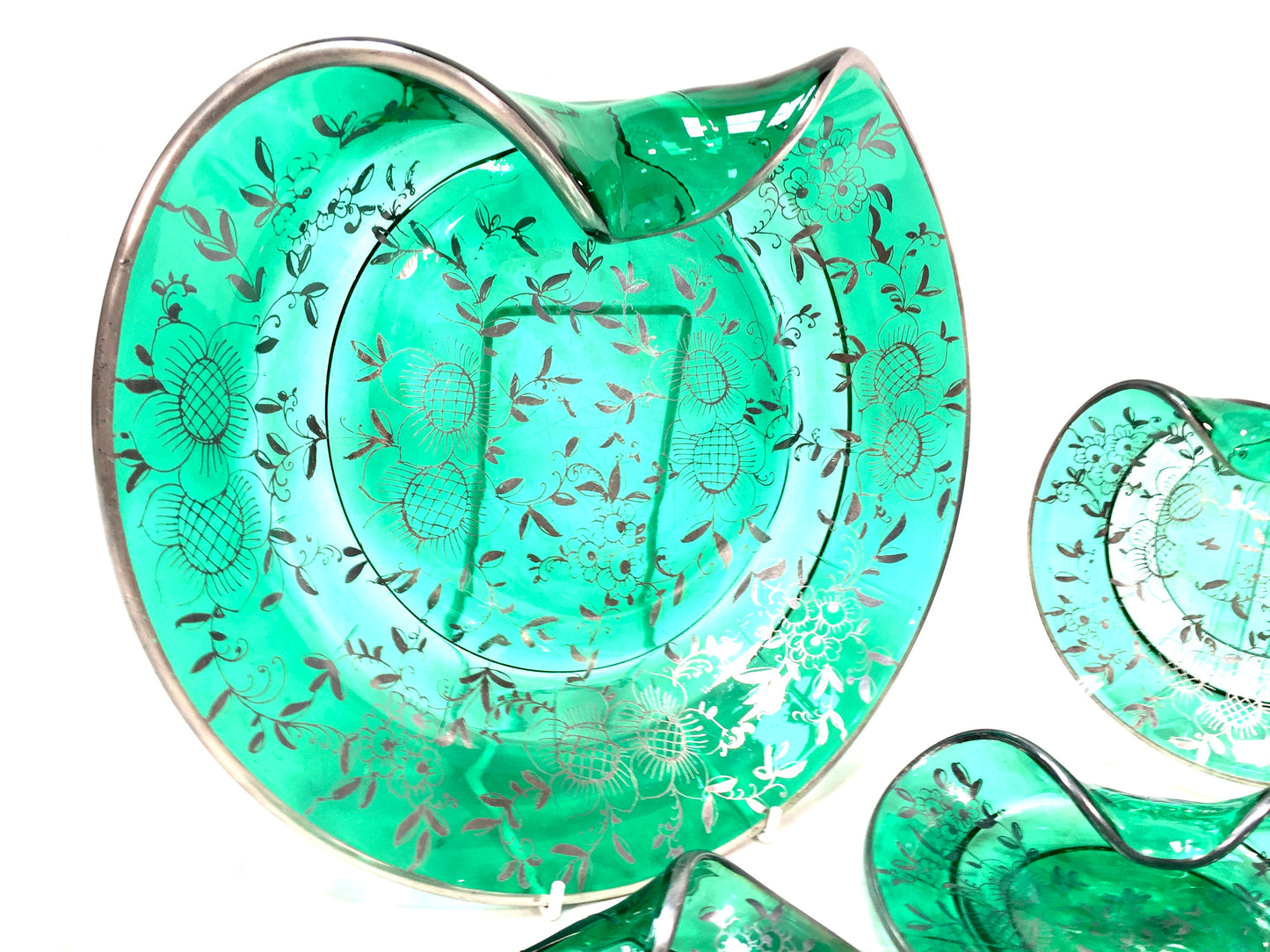 Vintage Green Art Glass With Floral Silver Overlay Serving Dish Plate Set Retro
