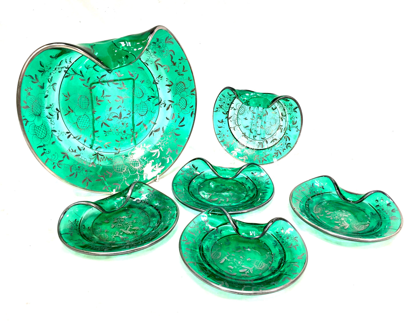 Vintage Green Art Glass With Floral Silver Overlay Serving Dish Plate Set Retro