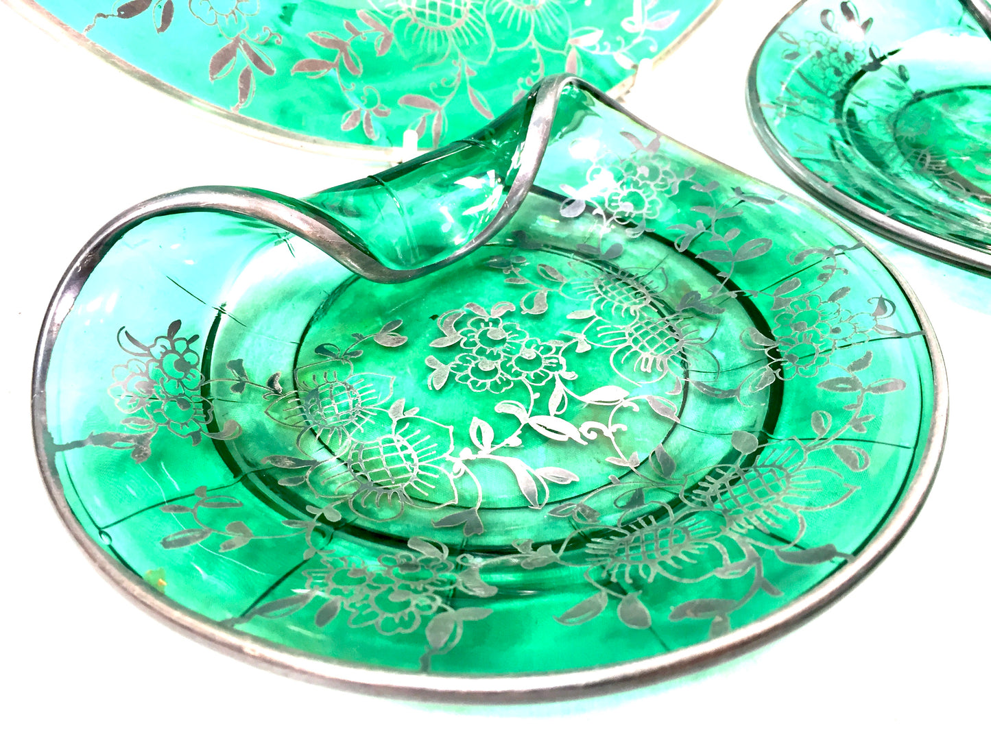 Vintage Green Art Glass With Floral Silver Overlay Serving Dish Plate Set Retro