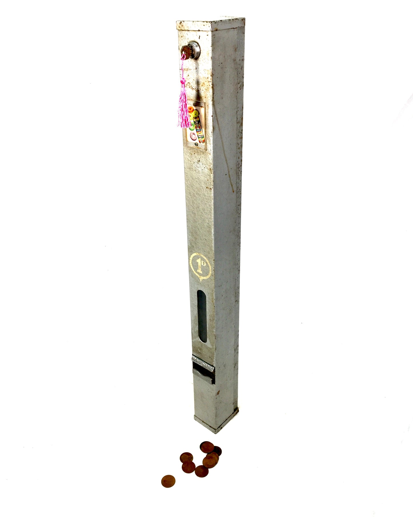 Antique Advertising - Old Penny Operated Metal Sweet Vending Machine Working Key