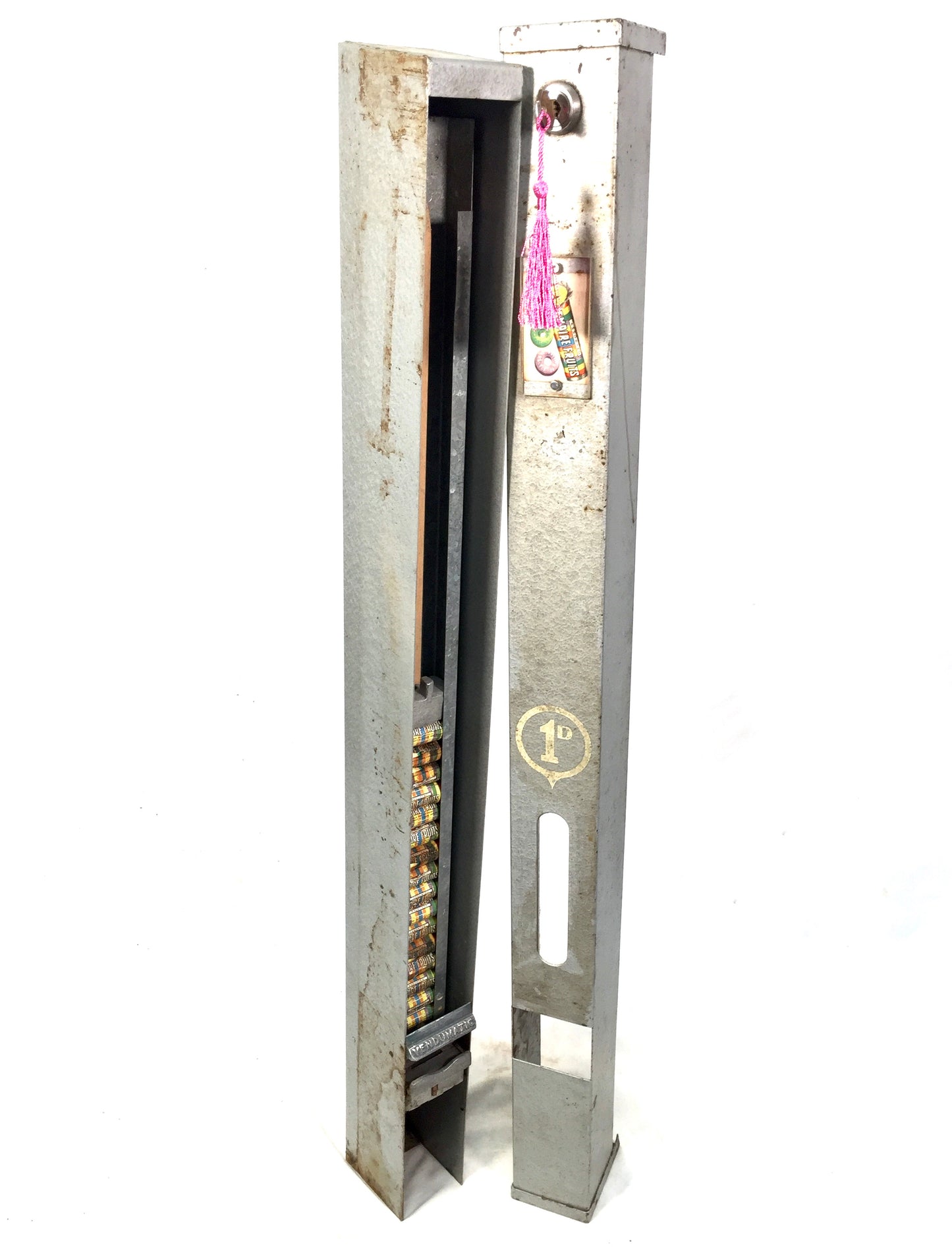 Antique Advertising - Old Penny Operated Metal Sweet Vending Machine Working Key