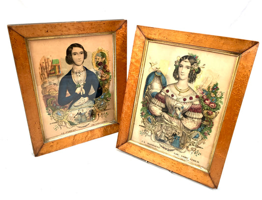 Antique Pair of French Hand Coloured Lithograph Prints Mid 19th Century - Framed