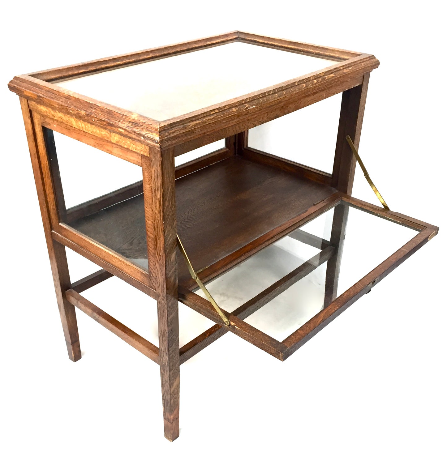 Antique Wooden Oak &amp; Glazed Tea Cabinet / Glass Fronted Display Case c.1920