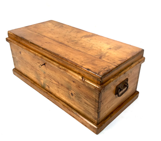 Antique Wooden Pine Storage Trunk / Blanket Box Coffer with Key Victorian c1870