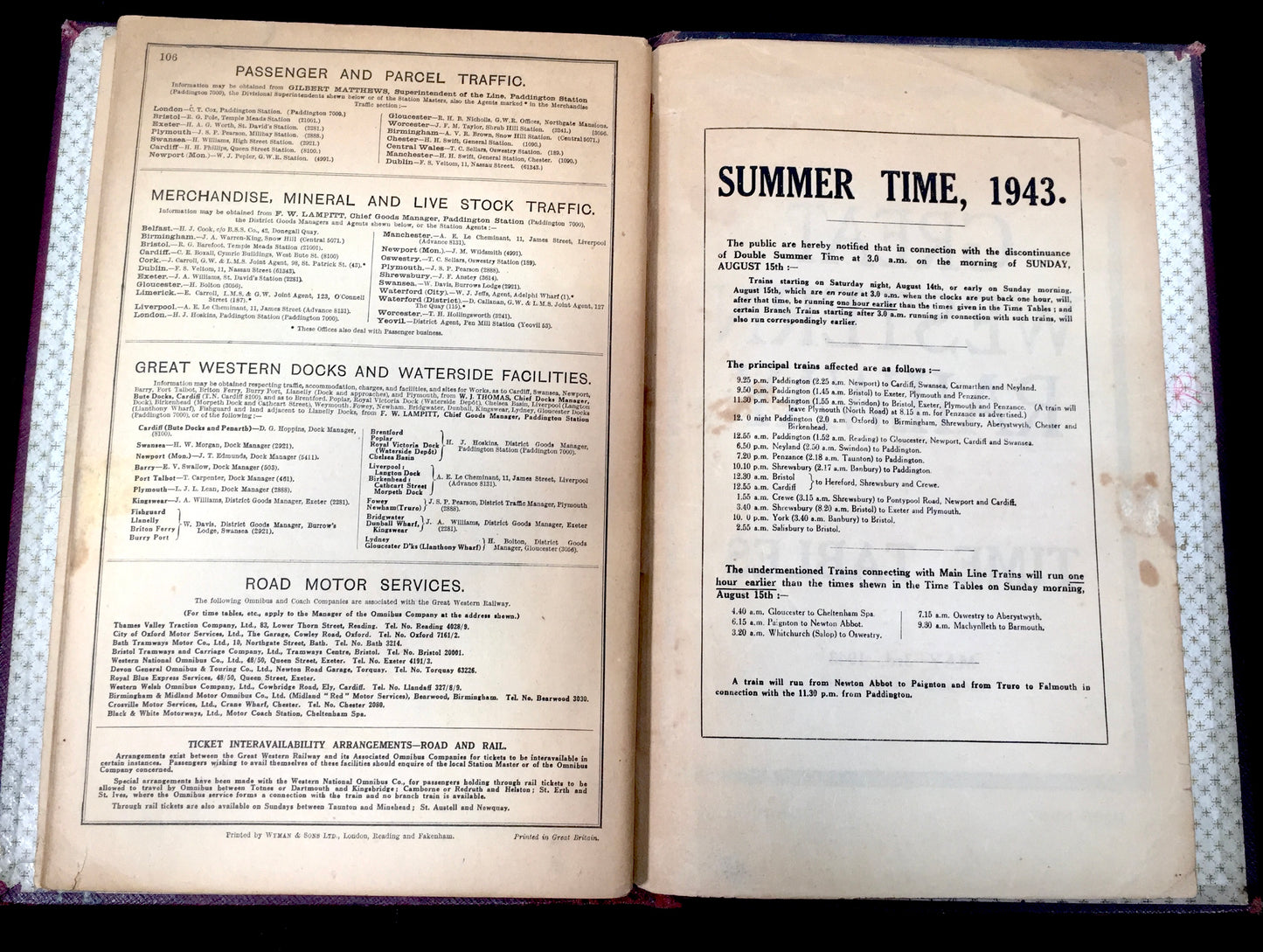 Antique WW2 Great Western Railway Timetable Booklet British Memorabilia 1943 GWR