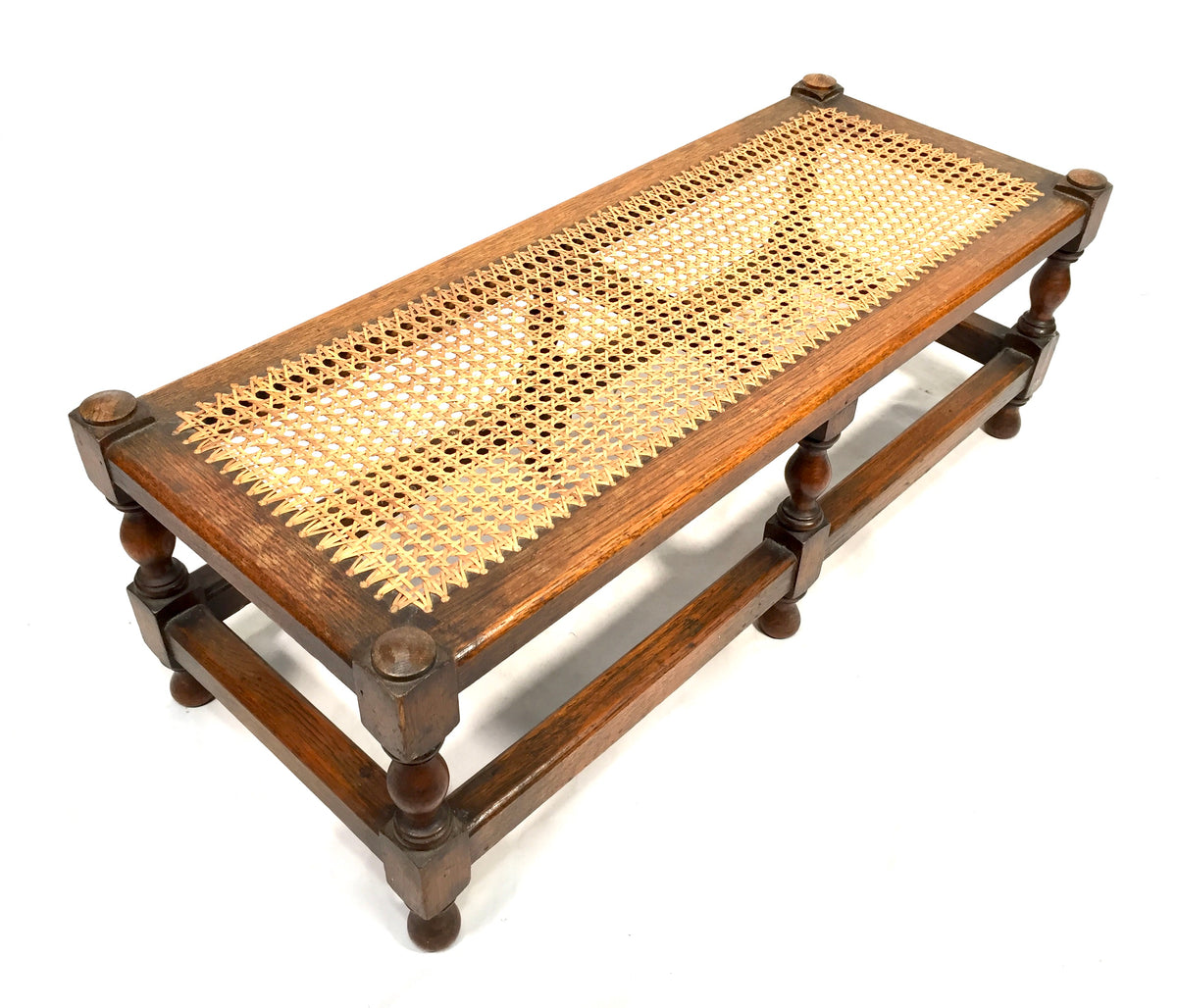 Antique 20th Century Oak Wooden Framed Long Footstool Bench / Cane Top c.1900