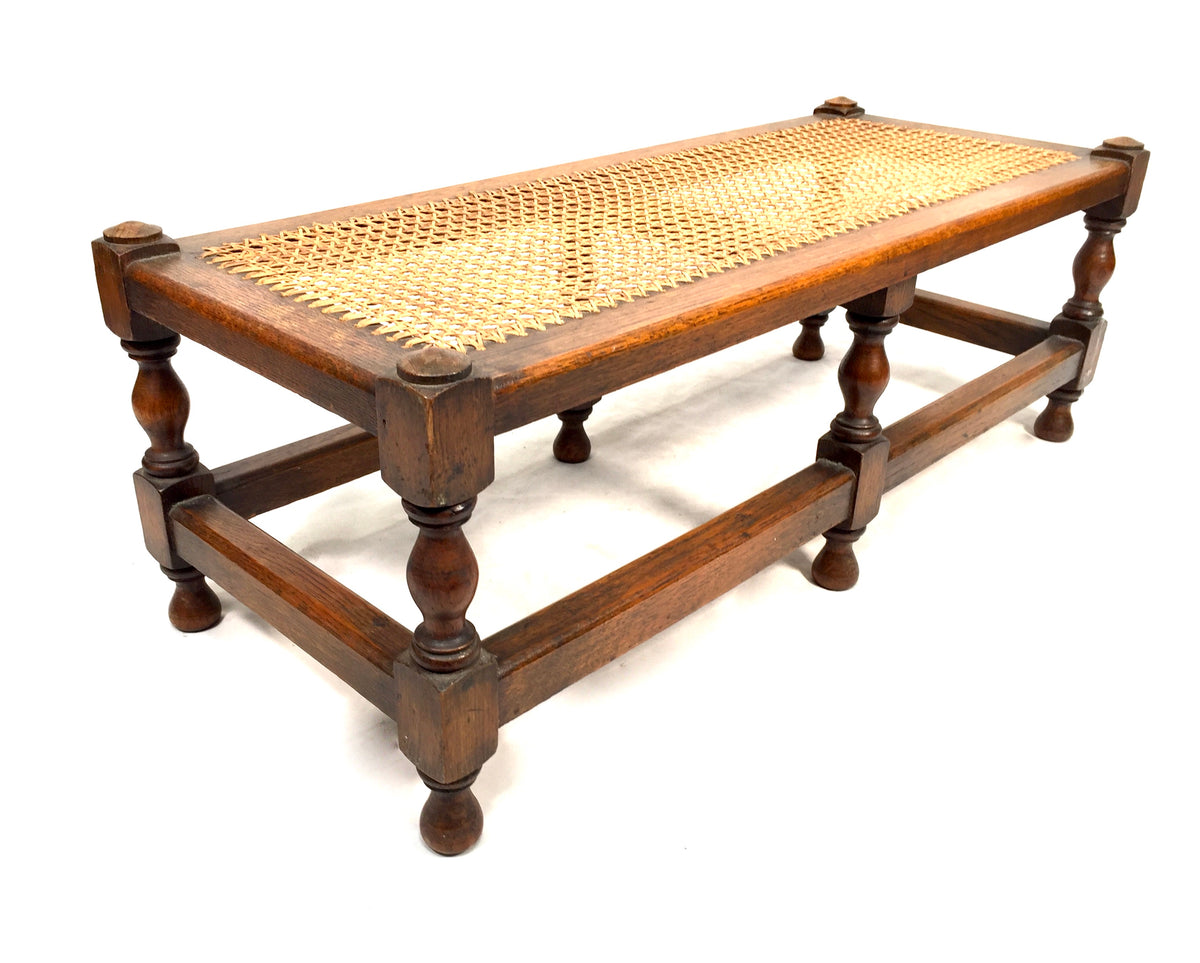 Antique 20th Century Oak Wooden Framed Long Footstool Bench / Cane Top c.1900