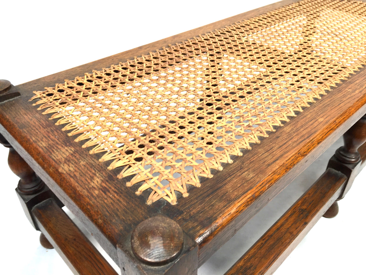 Antique 20th Century Oak Wooden Framed Long Footstool Bench / Cane Top c.1900