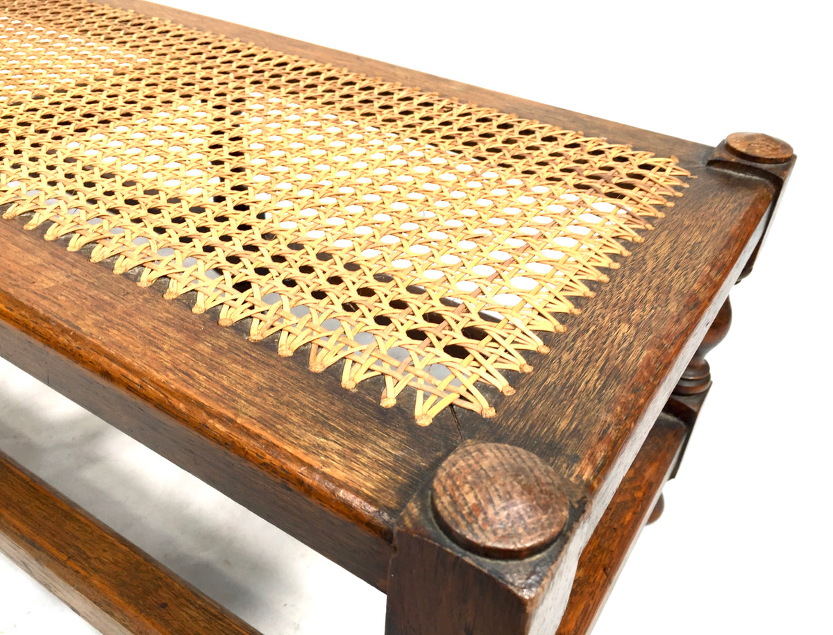 Antique 20th Century Oak Wooden Framed Long Footstool Bench / Cane Top c.1900