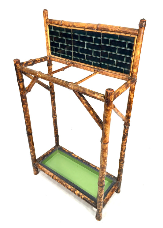 Antique Entrance Hall Bamboo Wood & Tiled Stick and Umbrella Stand / Victorian
