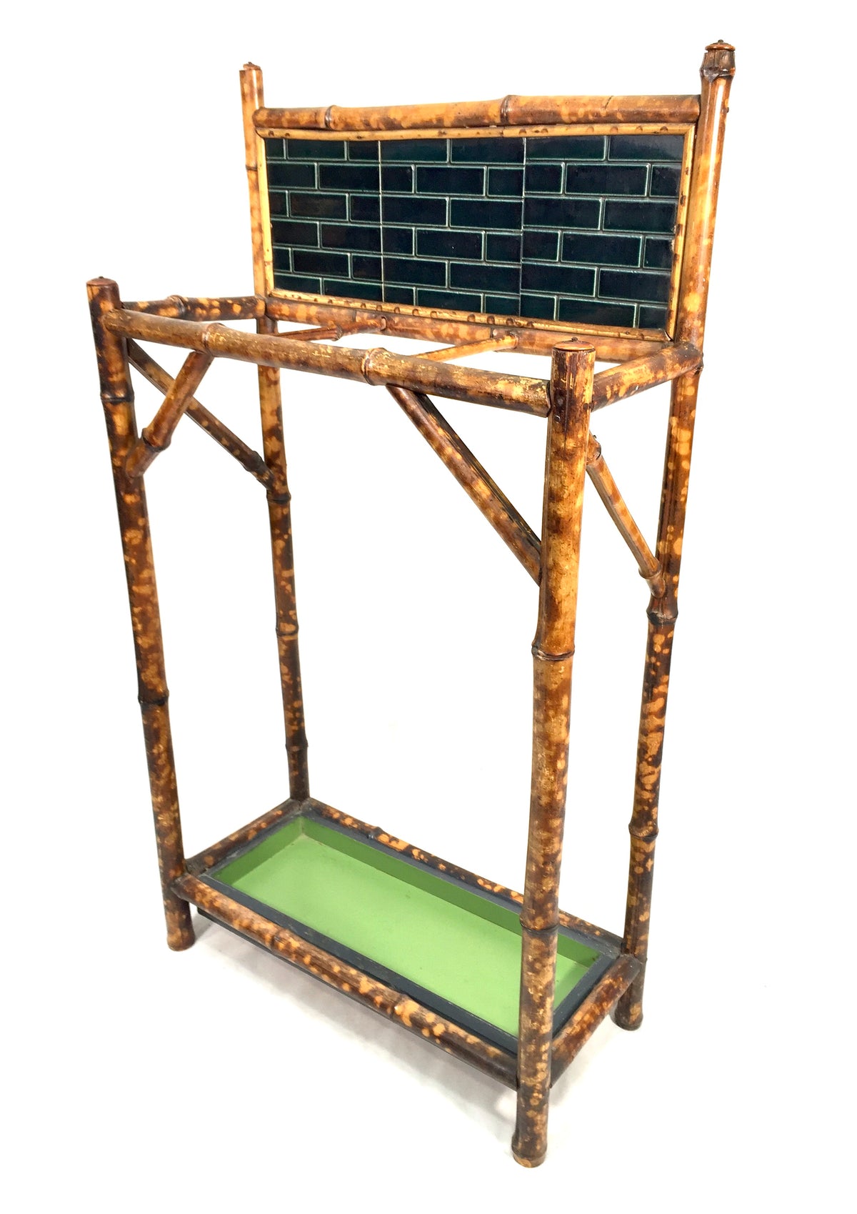 Antique Entrance Hall Bamboo Wood & Tiled Stick and Umbrella Stand / Victorian