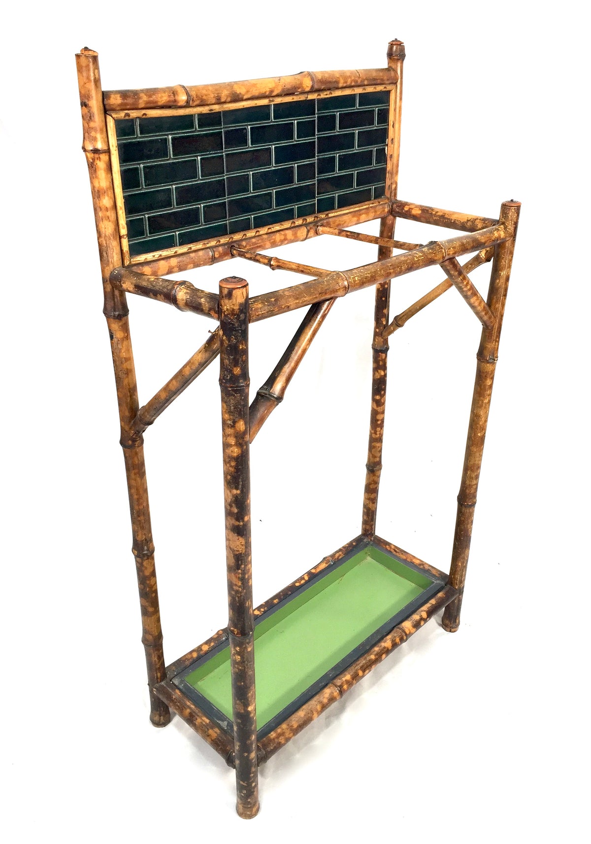 Antique Entrance Hall Bamboo Wood & Tiled Stick and Umbrella Stand / Victorian