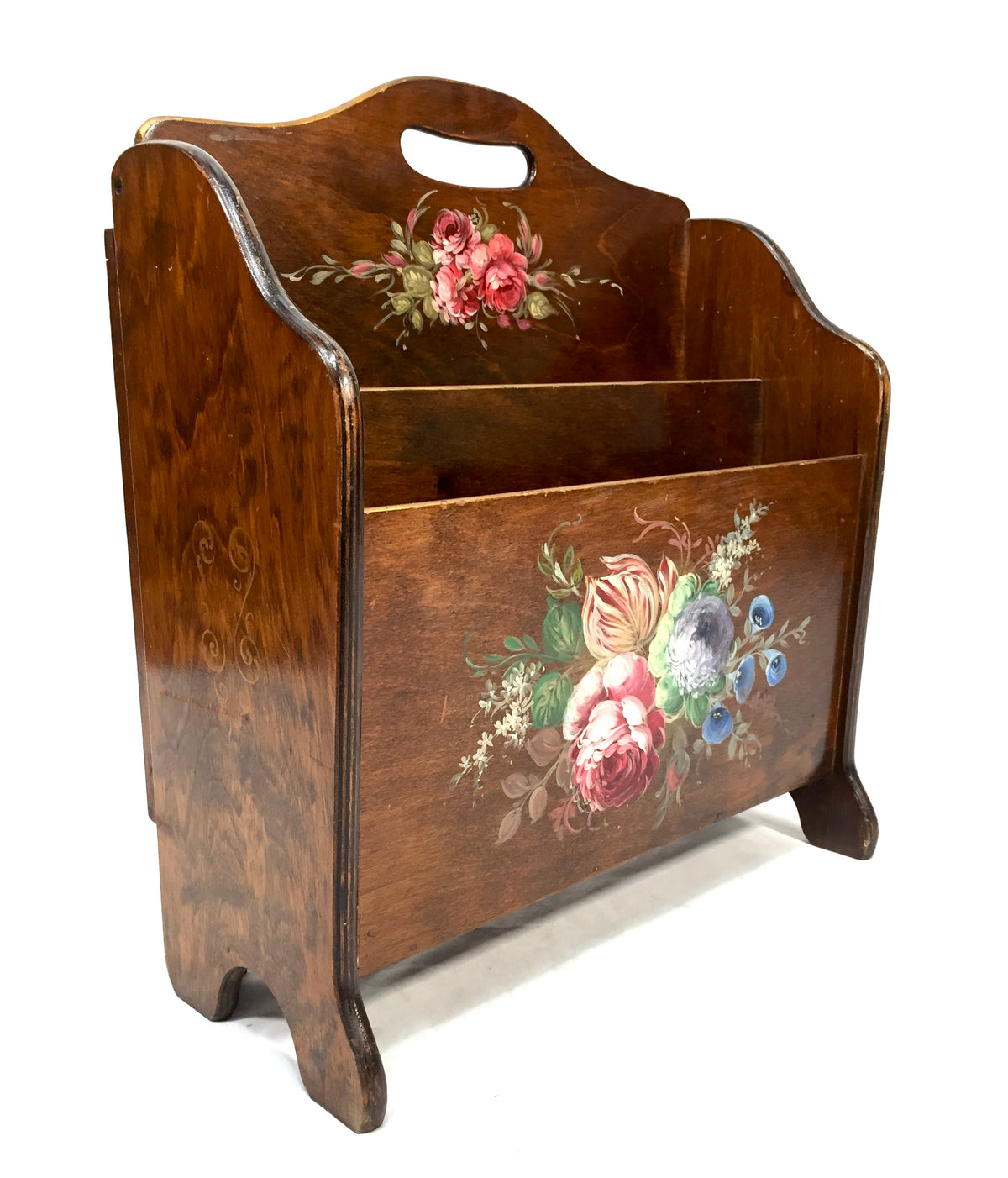 Antique Wooden Hand Painted Magazine Rack with Fold Out Side Table Tray c.1950
