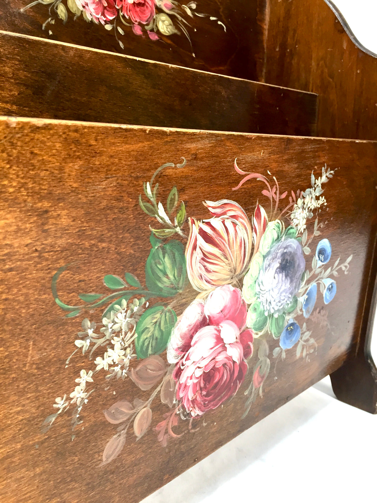 Antique Wooden Hand Painted Magazine Rack with Fold Out Side Table Tray c.1950