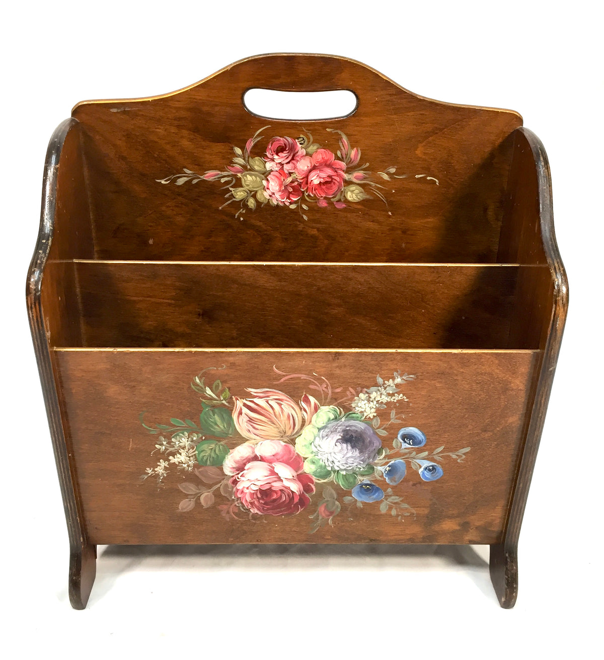 Antique Wooden Hand Painted Magazine Rack with Fold Out Side Table Tray c.1950