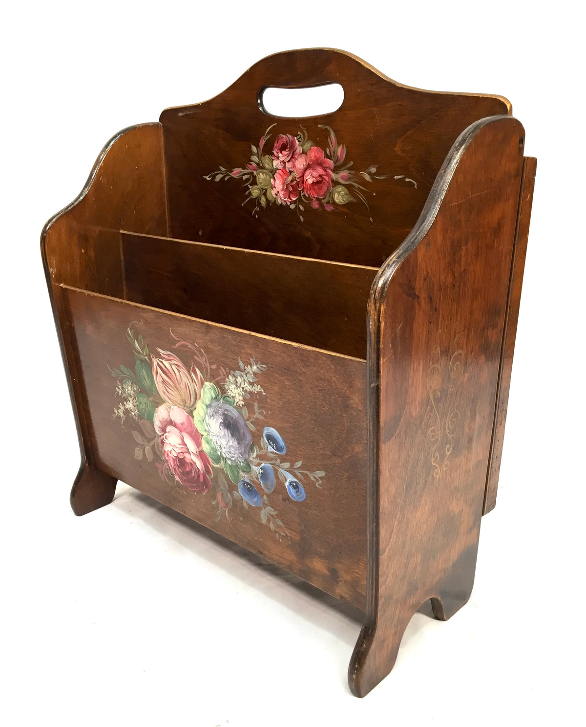 Antique Wooden Hand Painted Magazine Rack with Fold Out Side Table Tray c.1950