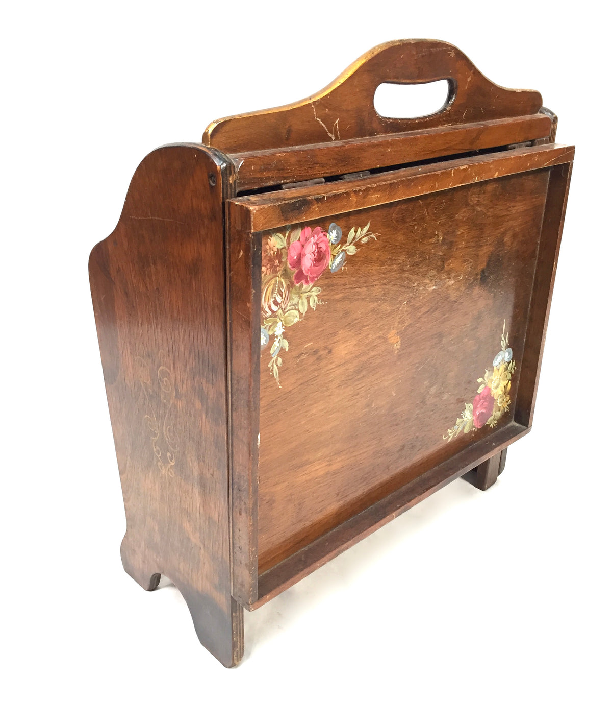 Antique Wooden Hand Painted Magazine Rack with Fold Out Side Table Tray c.1950
