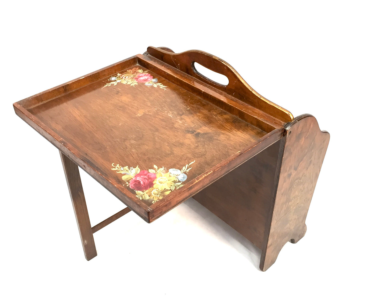 Antique Wooden Hand Painted Magazine Rack with Fold Out Side Table Tray c.1950