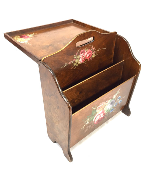 Antique Wooden Hand Painted Magazine Rack with Fold Out Side Table Tray c.1950