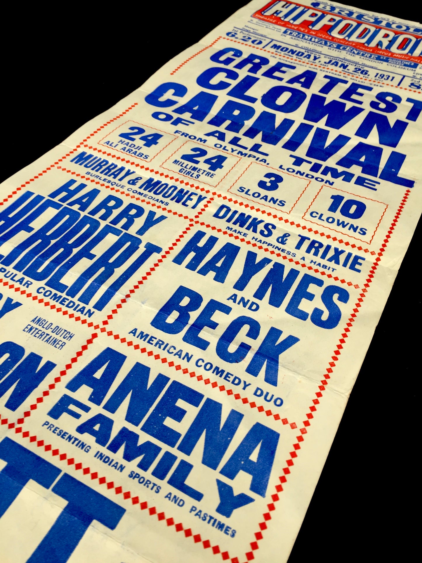 Antique Advertising Theatre Poster for Greatest Clown Carnival in Bristol c.1930