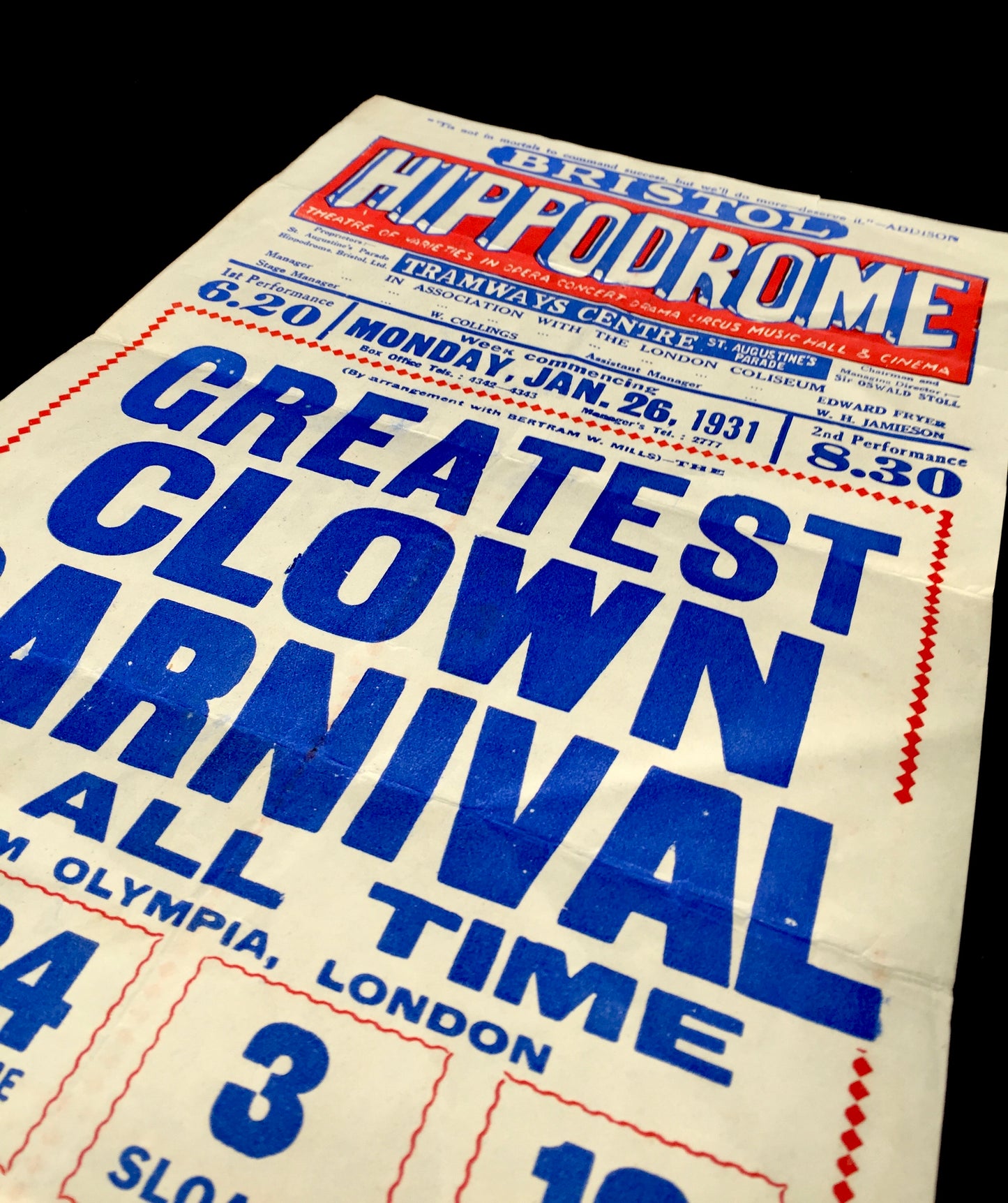 Antique Advertising Theatre Poster for Greatest Clown Carnival in Bristol c.1930