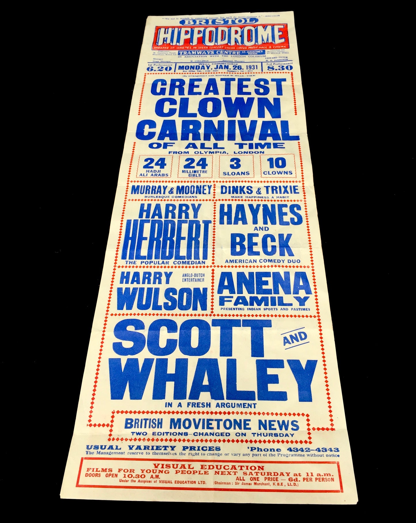 Antique Advertising Theatre Poster for Greatest Clown Carnival in Bristol c.1930