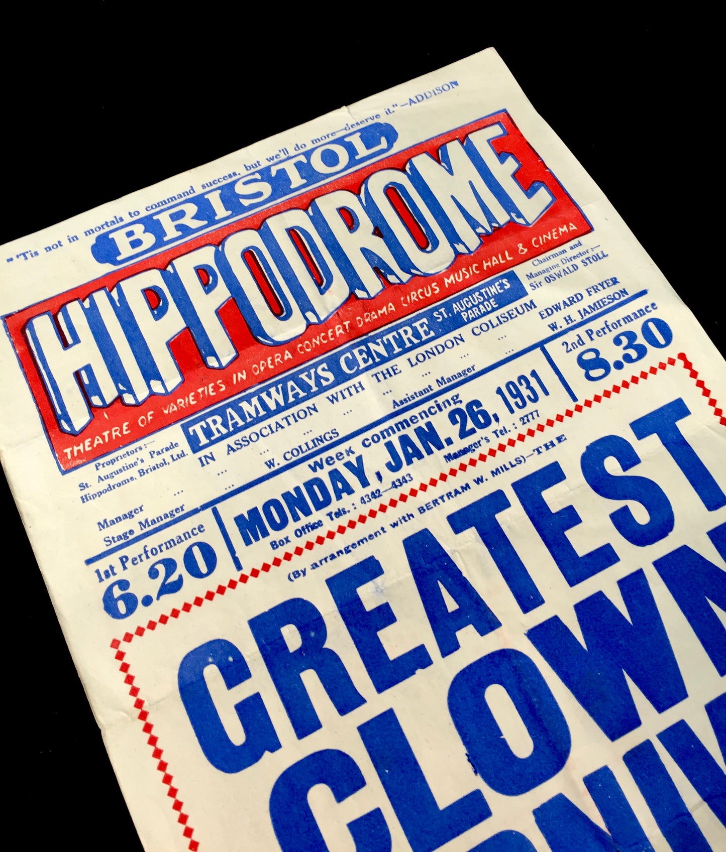 Antique Advertising Theatre Poster for Greatest Clown Carnival in Bristol c.1930