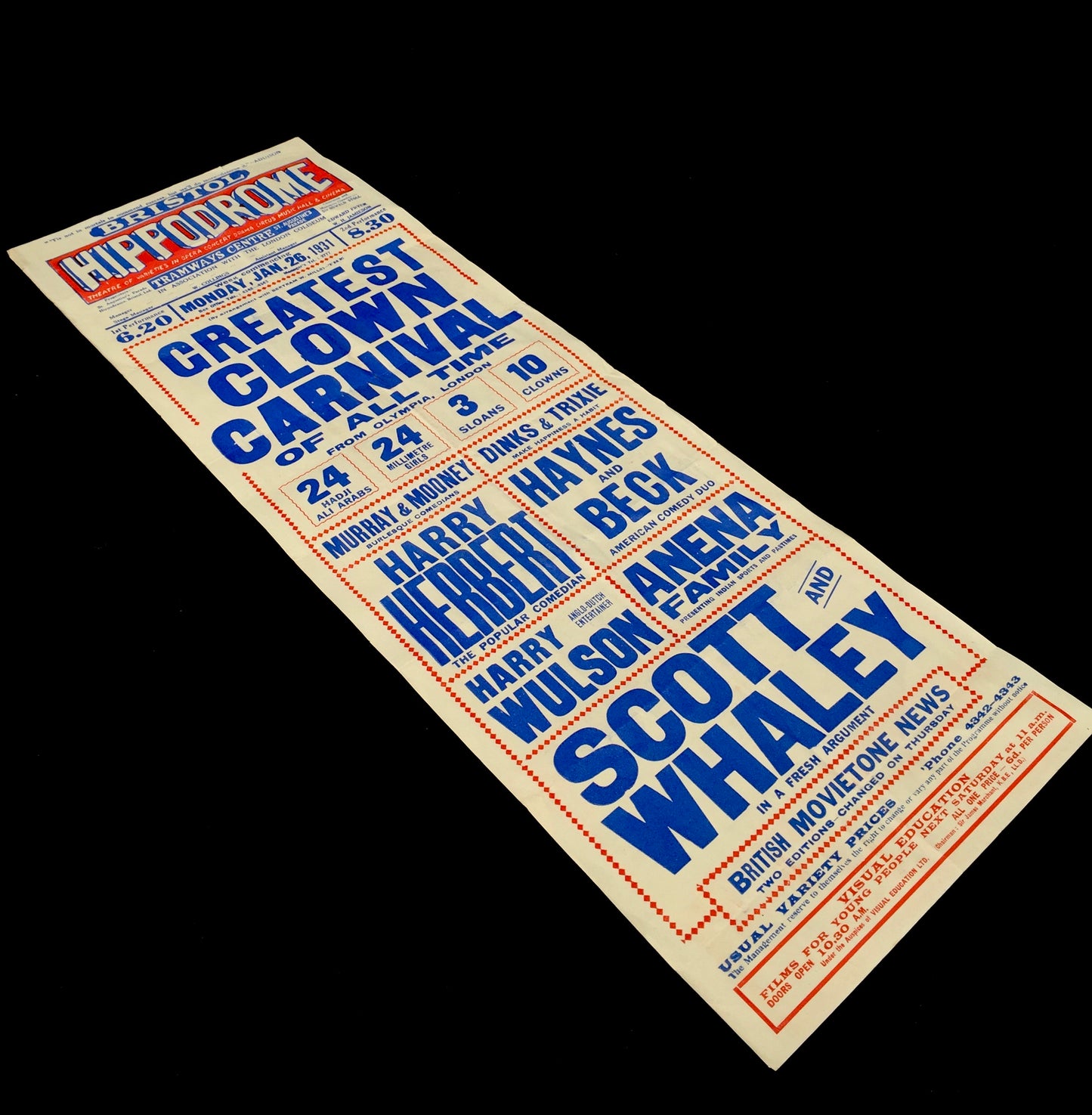Antique Advertising Theatre Poster for Greatest Clown Carnival in Bristol c.1930