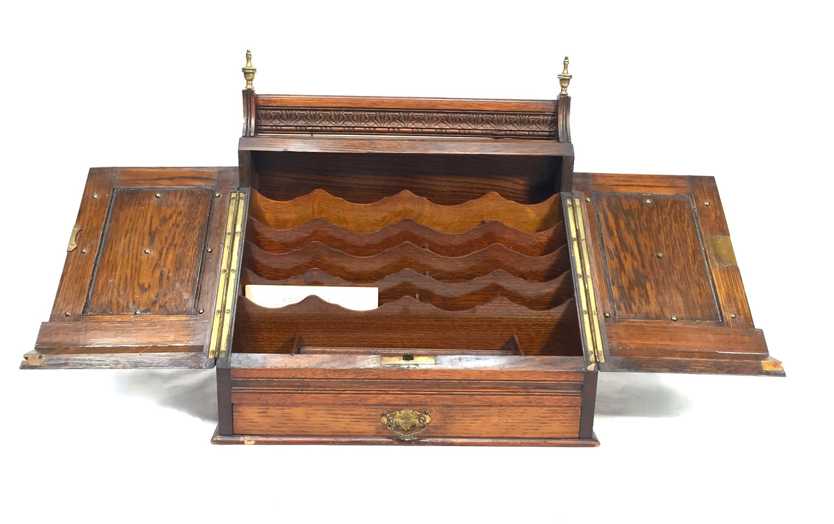 Antique Victorian Oak Aesthetic Movement Stationery Box Desk Tidy Letter Holder