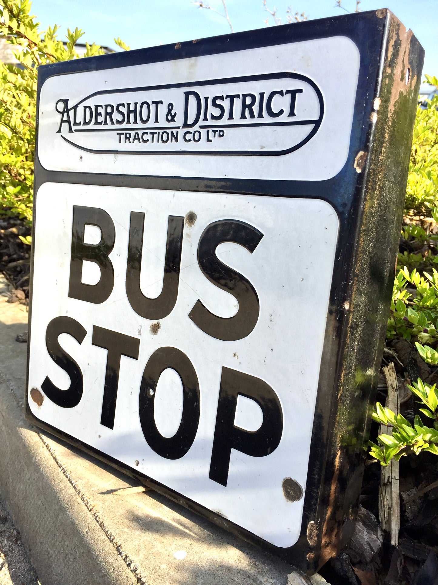Antique Wall Mounted Double Sided Enamel Bus Stop Sign Aldershot & District 1950