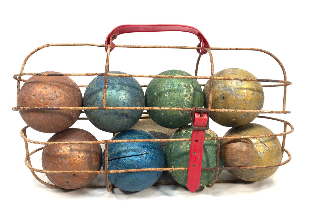 Antique Wooden Painted French Boules / Bowls / Pétanque Set in Case c.1930