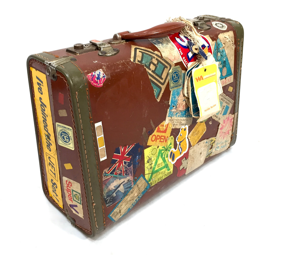 Antique Mid 20th Century Suitcase Trunk / Vintage Travel Bag / Stickers c.1950