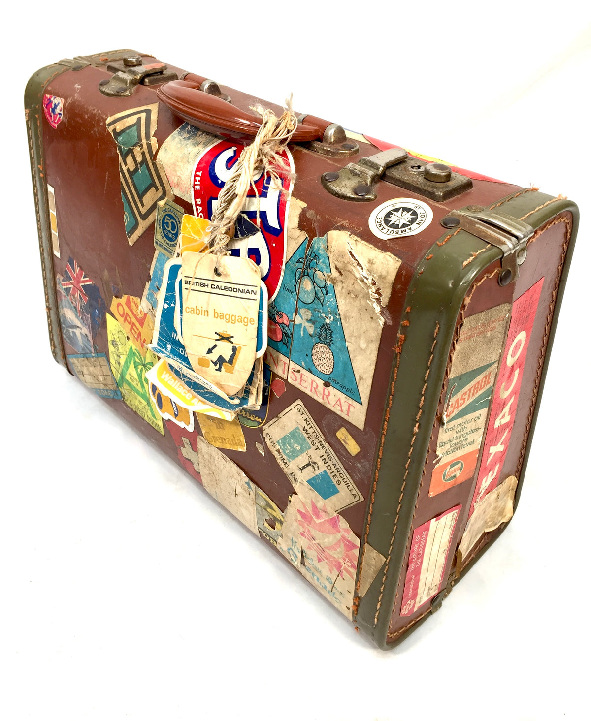 Antique Mid 20th Century Suitcase Trunk / Vintage Travel Bag / Stickers c.1950