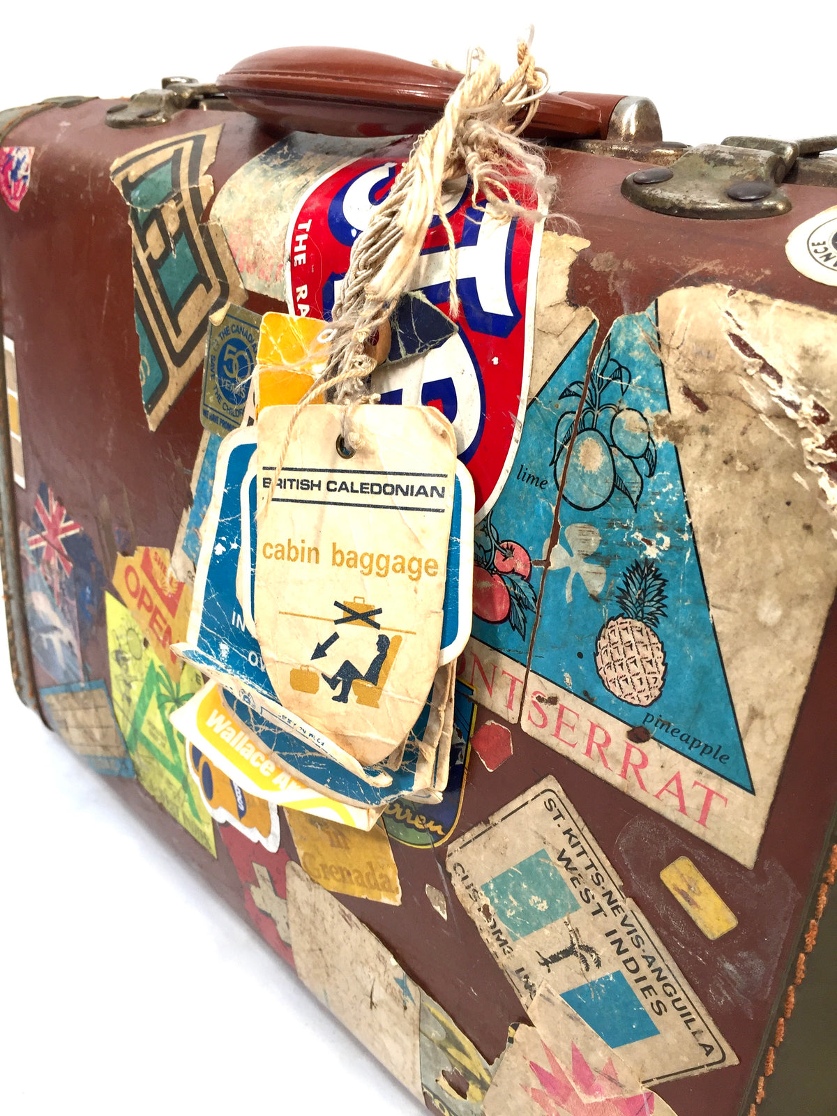 Antique Mid 20th Century Suitcase Trunk / Vintage Travel Bag / Stickers c.1950
