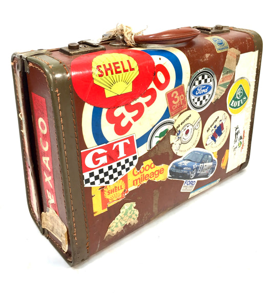 Antique Mid 20th Century Suitcase Trunk / Vintage Travel Bag / Stickers c.1950