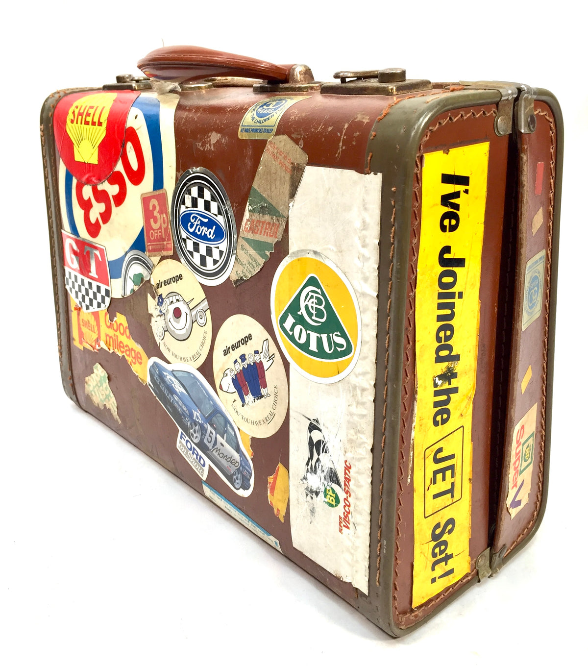 Antique Mid 20th Century Suitcase Trunk / Vintage Travel Bag / Stickers c.1950