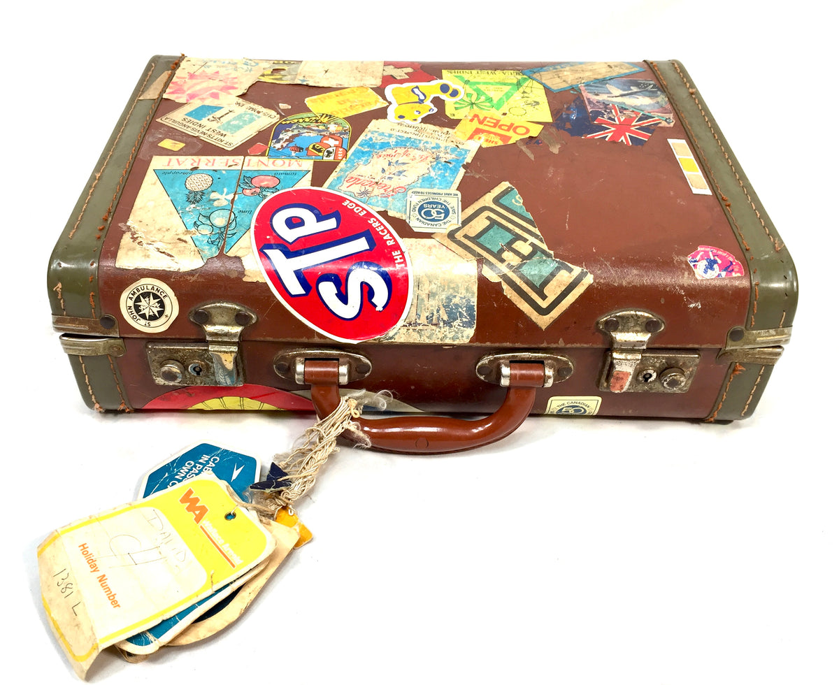 Antique Mid 20th Century Suitcase Trunk / Vintage Travel Bag / Stickers c.1950