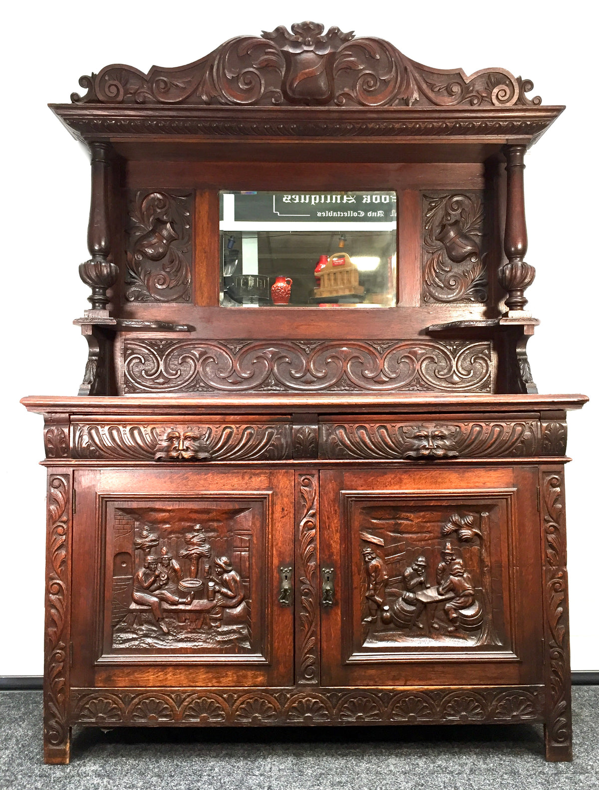Antique 19th Century Carved Wooden Oak Green Man Dresser Sideboard with Mirror